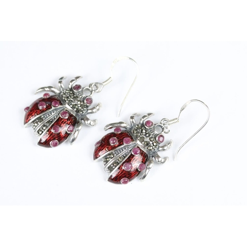 228 - Pair of Silver Ladybird Drop Earrings set with enamel