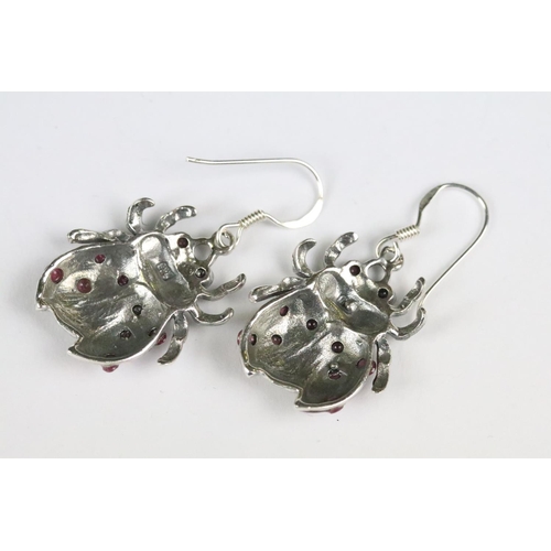 228 - Pair of Silver Ladybird Drop Earrings set with enamel