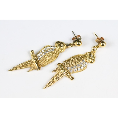 234 - Gilt Metal and Diamonte Parrot Earrings sat on a perch