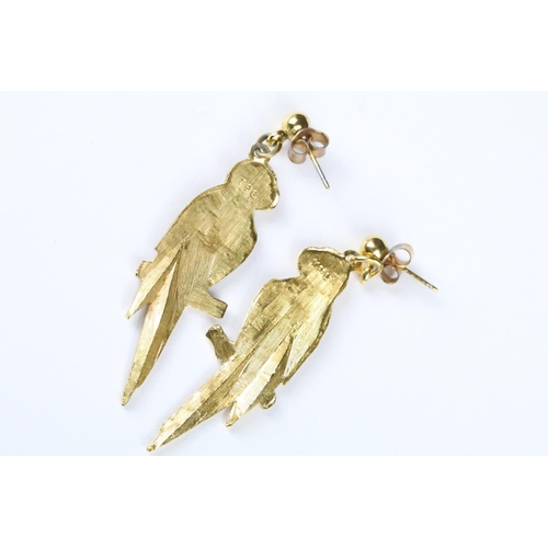 234 - Gilt Metal and Diamonte Parrot Earrings sat on a perch