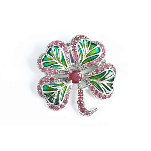 237 - Silver Plique a Jour Four Leaf Clover Brooch - Pendant with Ruby setting