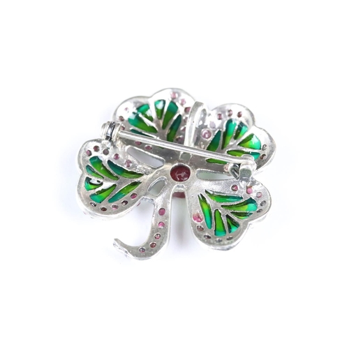 237 - Silver Plique a Jour Four Leaf Clover Brooch - Pendant with Ruby setting