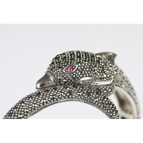 239 - Silver and Marcasite Dolphin style bangle with Ruby Eyes