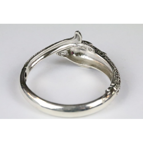 239 - Silver and Marcasite Dolphin style bangle with Ruby Eyes