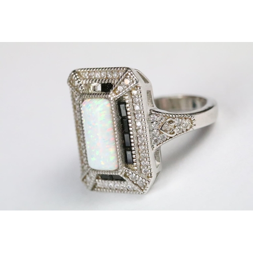 240 - Silver CZ and Opal pannelled Ring, cased