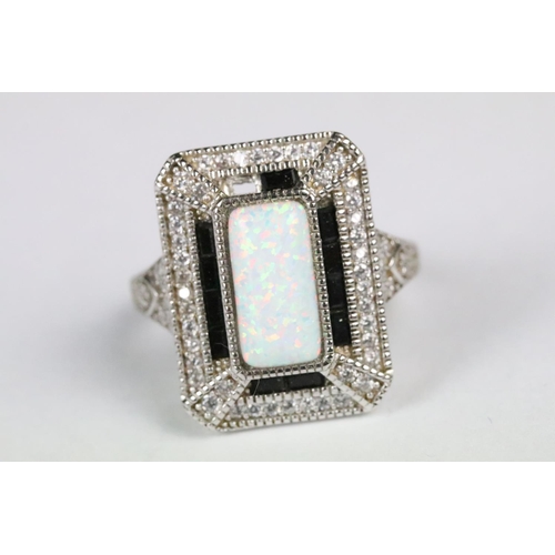 240 - Silver CZ and Opal pannelled Ring, cased