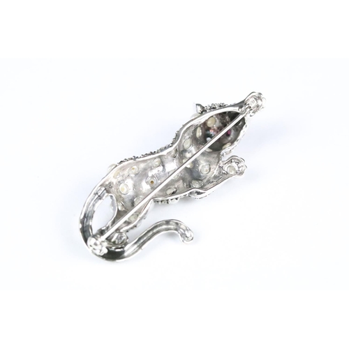 246 - Silver and Freshwater Pearl Cat Brooch with Ruby Eyes