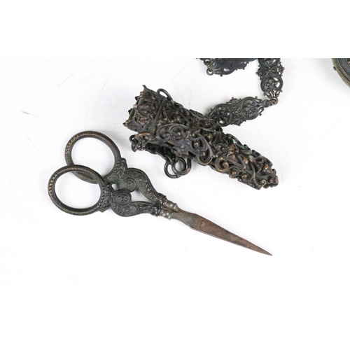 251 - A Victorian style bronzed chatelain with scissors, thimble and pin cushion