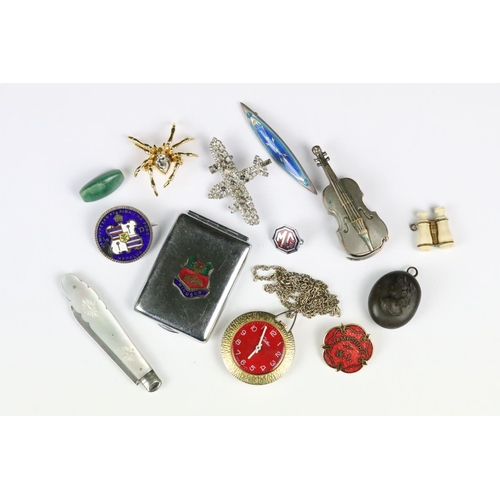 253 - Mixed Collectables including 1883 King of Hawaii Enamelled Coin Brooch, Miniature Bone Binoculars, V... 