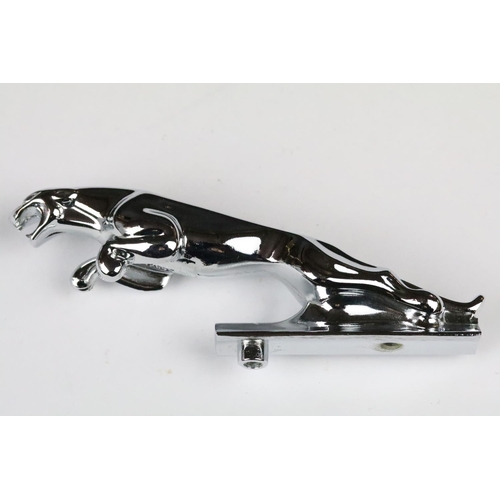 257 - A chromed metal Jaguar car bonnet mascot together with a Mercedes 280SE boot badge.