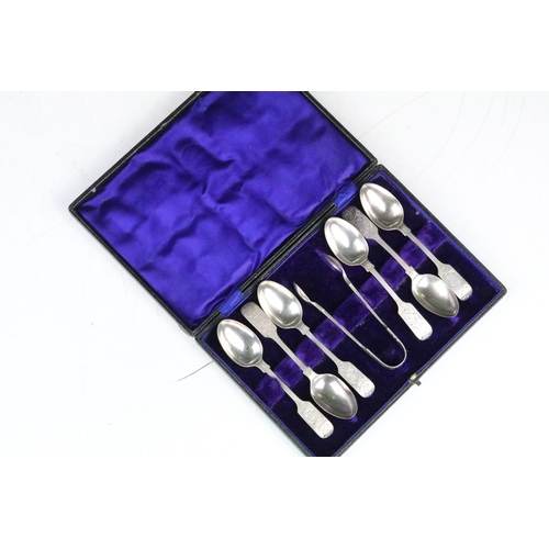 263 - A cased set of six fully hallmarked sterling silver teaspoons with sugar tongs, assay marked for She... 