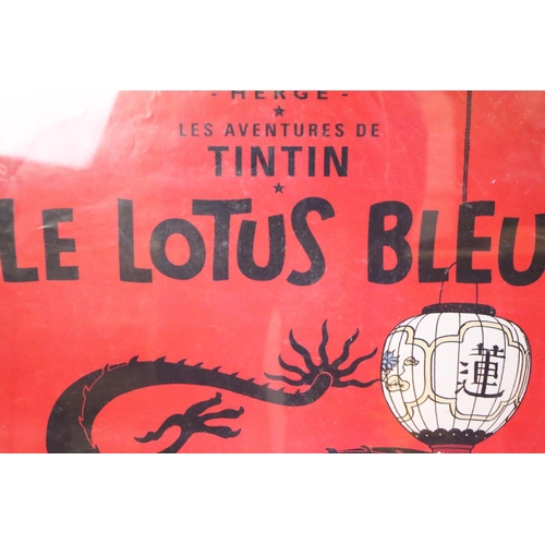 141 - Advertising Poster - Herge, Les Aventures de Tintin ‘ Le Lotus Bleu ‘ featuring Tintin and Snowy eme... 