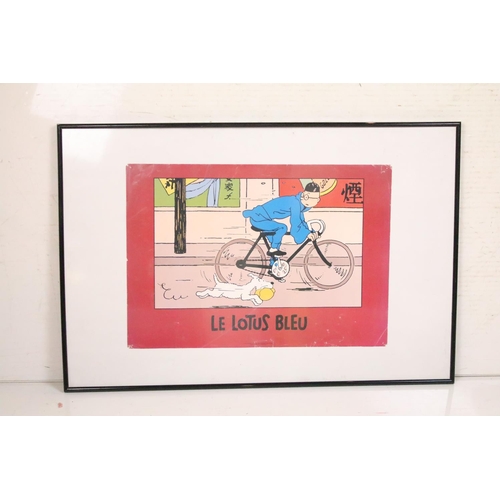 142 - Advertising Poster - Tintin ‘ Le Lotus Bleu ‘ featuring Tintin riding a bicycle and Snowy running al... 