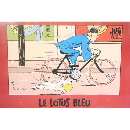 142 - Advertising Poster - Tintin ‘ Le Lotus Bleu ‘ featuring Tintin riding a bicycle and Snowy running al... 