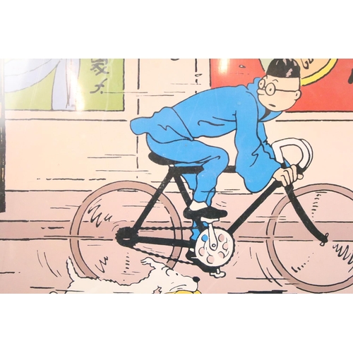 142 - Advertising Poster - Tintin ‘ Le Lotus Bleu ‘ featuring Tintin riding a bicycle and Snowy running al... 