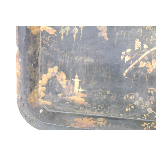 379A - Large Chinoiserie black & gilt lacquered rectangular tray decorated with blossoming trees & pagoda s... 