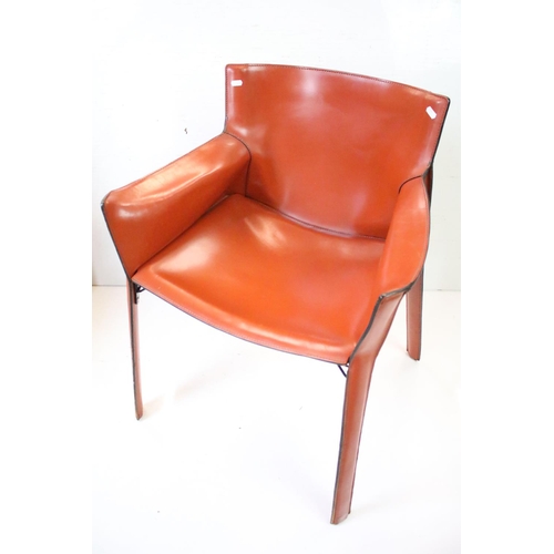 550 - Pair of Contemporary Tan Leather Elbow Chairs with black trim n the manner of Mario Bellini CAB 413 ... 