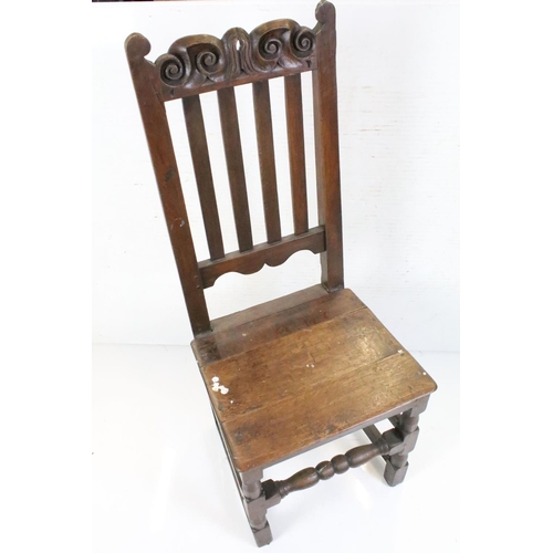 570 - Four similar 17th or 18th century Country Oak Chairs, three with scrolling carved top rails and all ... 