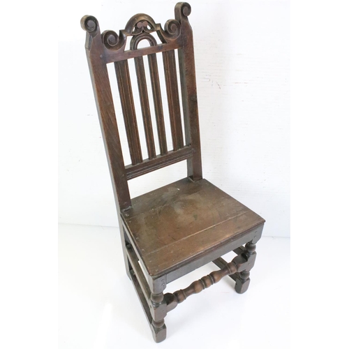 570 - Four similar 17th or 18th century Country Oak Chairs, three with scrolling carved top rails and all ... 