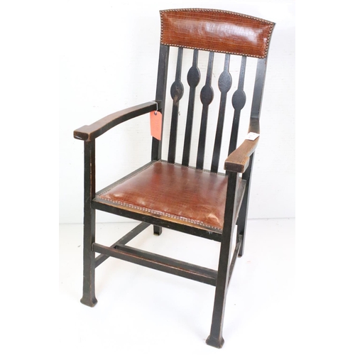 635 - Arts and Crafts Oak Elbow Chair in the Charles Rennie Mackintosh manner, faux crocodile fabric uphol... 