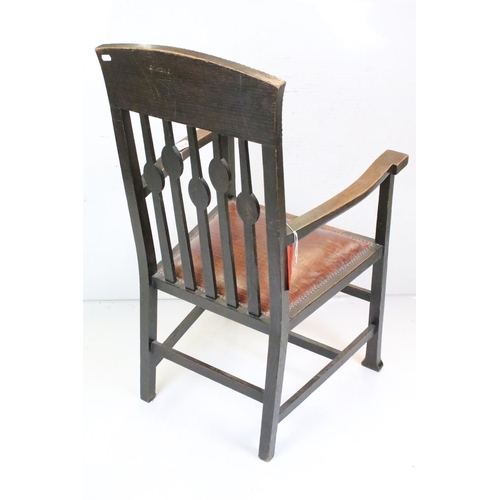 635 - Arts and Crafts Oak Elbow Chair in the Charles Rennie Mackintosh manner, faux crocodile fabric uphol... 