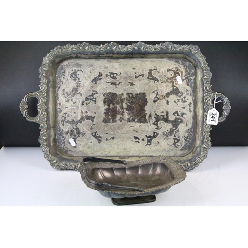 341 - Late 19th / early 20th century silver plated rectangular serving tray with cast scrolling & floral d... 