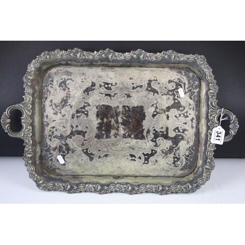 341 - Late 19th / early 20th century silver plated rectangular serving tray with cast scrolling & floral d... 