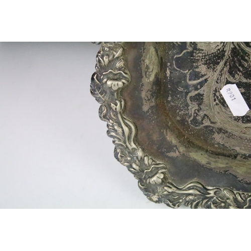 341 - Late 19th / early 20th century silver plated rectangular serving tray with cast scrolling & floral d... 