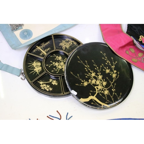 343 - Japanese black lacquered hors d'oeuvres dish set with gilt Cherry Blossom decoration (30cm diameter)... 