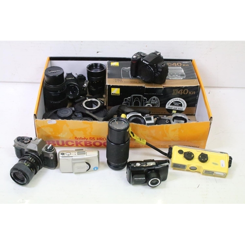 345 - Quantity of SLR and compact cameras with lenses, including Olympus Mju, Nikon and Pentax