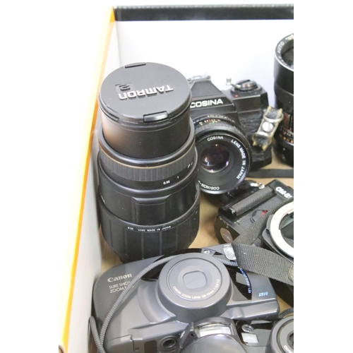 345 - Quantity of SLR and compact cameras with lenses, including Olympus Mju, Nikon and Pentax