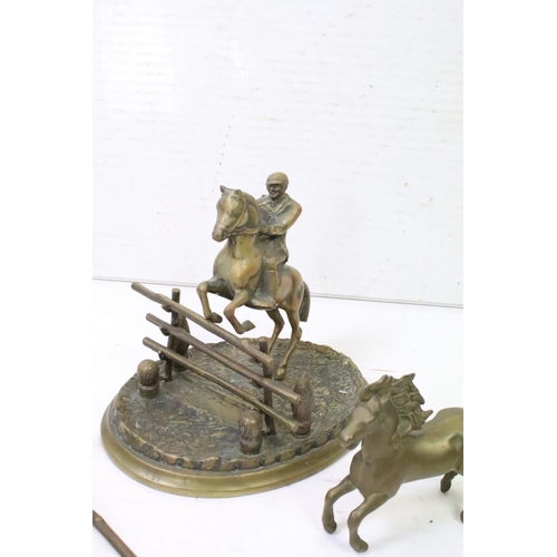 347 - Cast brass figure of a horse & rider jumping a hurdle, together with a further brass horse, and a ba... 