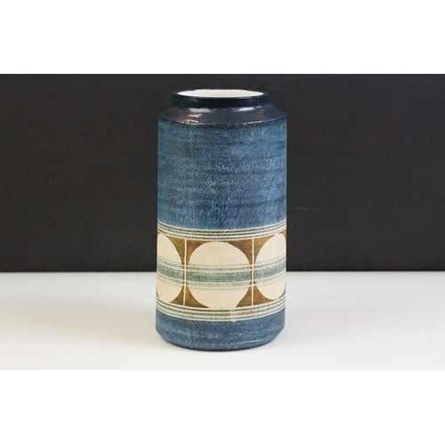 1 - Mid Century Troika pottery vase of cylindrical form with circular pattern on a blue ground. Signed T... 