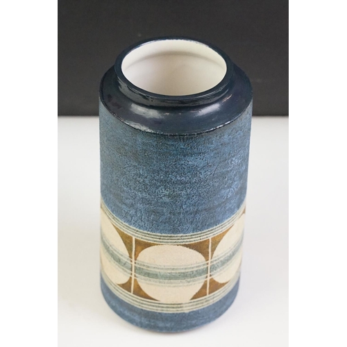 1 - Mid Century Troika pottery vase of cylindrical form with circular pattern on a blue ground. Signed T... 