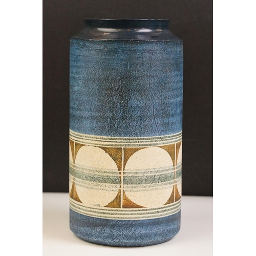 1 - Mid Century Troika pottery vase of cylindrical form with circular pattern on a blue ground. Signed T... 