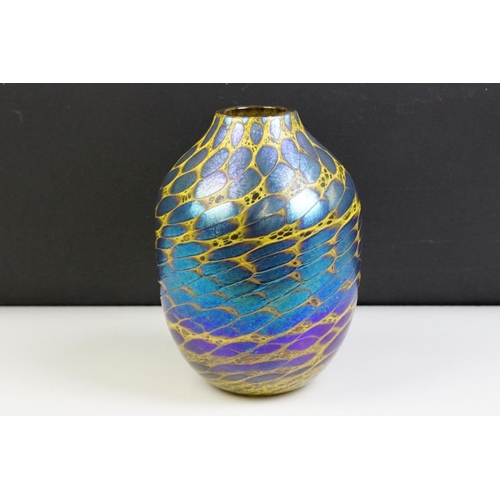 13 - Studio Glass Vase with iridescent blue and yellow patterning, approx 20.5cm tall