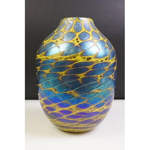 13 - Studio Glass Vase with iridescent blue and yellow patterning, approx 20.5cm tall