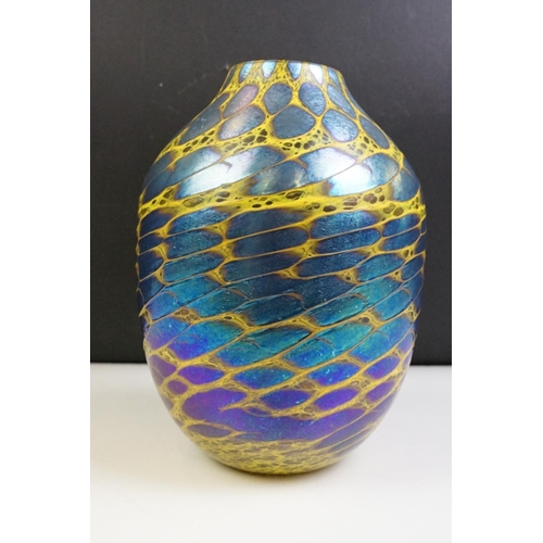 13 - Studio Glass Vase with iridescent blue and yellow patterning, approx 20.5cm tall