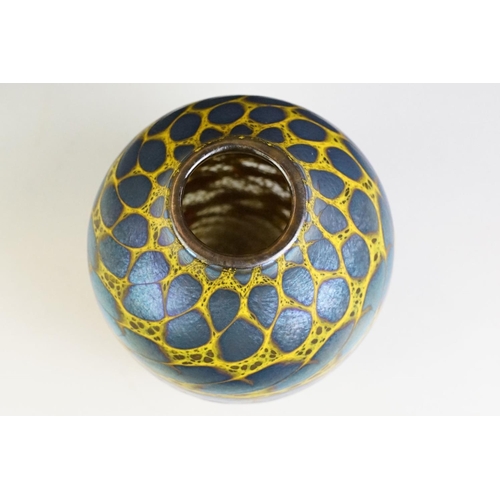 13 - Studio Glass Vase with iridescent blue and yellow patterning, approx 20.5cm tall