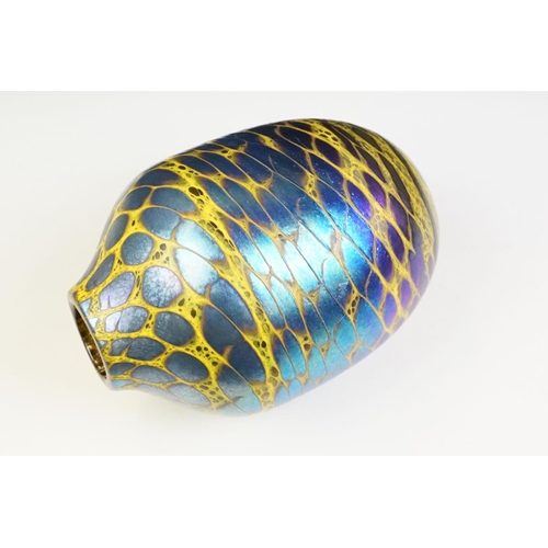 13 - Studio Glass Vase with iridescent blue and yellow patterning, approx 20.5cm tall