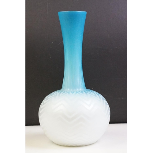 14 - 19th Century Victorian cased turquoise zig zag satin glass vase with herringbone pattern. Unsigned, ... 