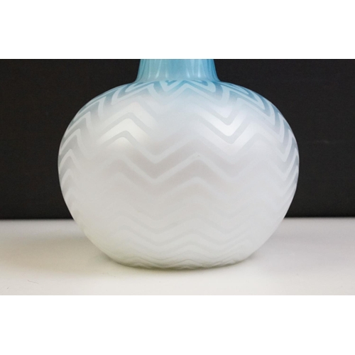 14 - 19th Century Victorian cased turquoise zig zag satin glass vase with herringbone pattern. Unsigned, ... 