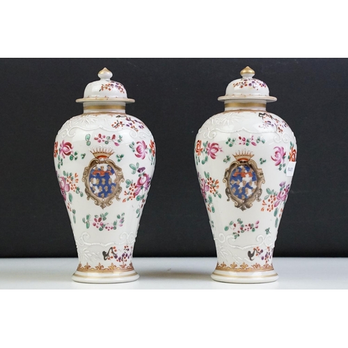 17 - Pair of 19th Century French Samson lidded baluster vases having over glazed floral details, with mat... 