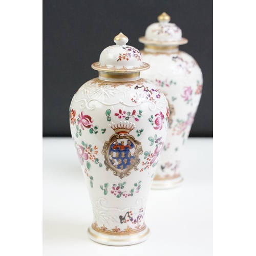 17 - Pair of 19th Century French Samson lidded baluster vases having over glazed floral details, with mat... 