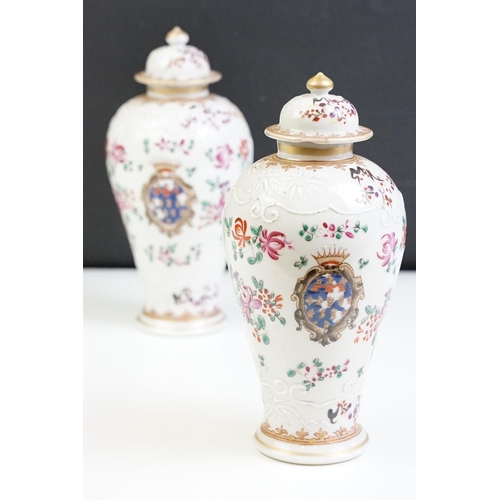 17 - Pair of 19th Century French Samson lidded baluster vases having over glazed floral details, with mat... 