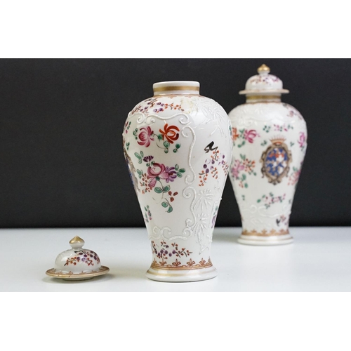 17 - Pair of 19th Century French Samson lidded baluster vases having over glazed floral details, with mat... 