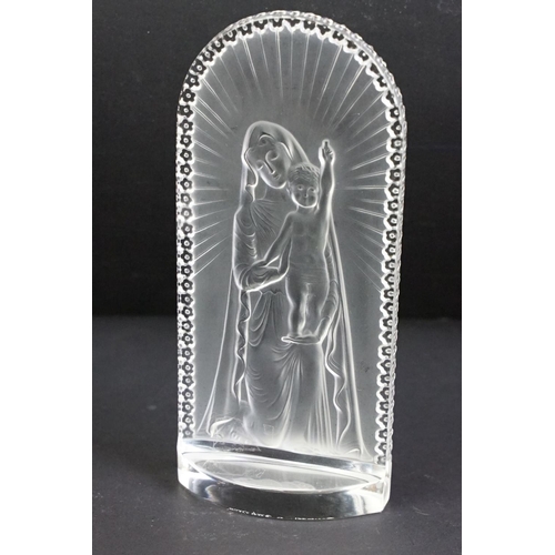 2 - Lalique moulded frosted glass panel depicting the virgin and child with moulded flowers to the frame... 