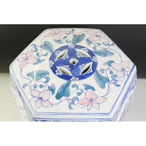 27 - Chinese ceramic stool of hexagonal barrel form having transfer printed panels depicting florals and ... 