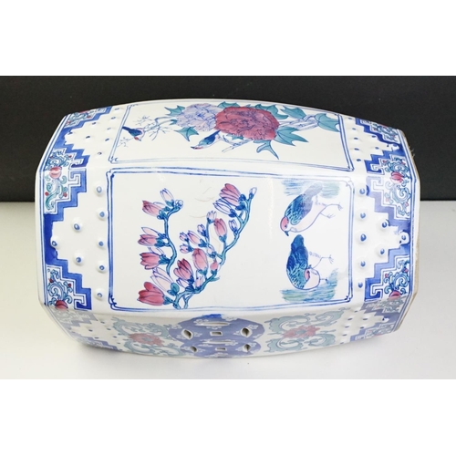 27 - Chinese ceramic stool of hexagonal barrel form having transfer printed panels depicting florals and ... 