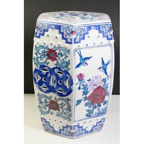 27 - Chinese ceramic stool of hexagonal barrel form having transfer printed panels depicting florals and ... 